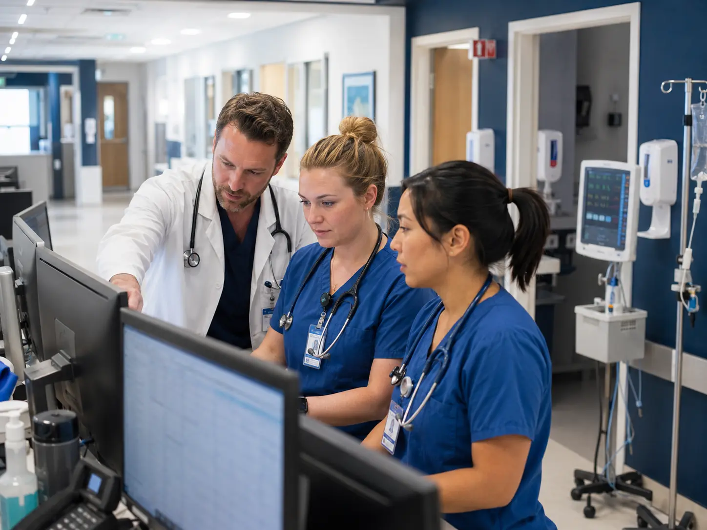 Nurses and a doctor accessing shared patient records at a hospital ward nursing station