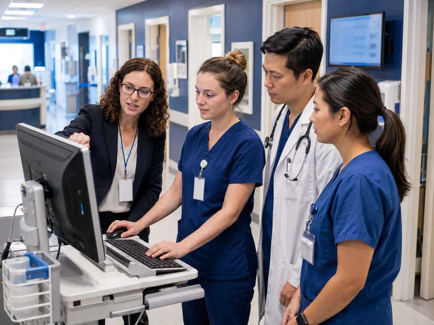 Hospital staff being trained on a new electronic health record system during a phased ward rollout