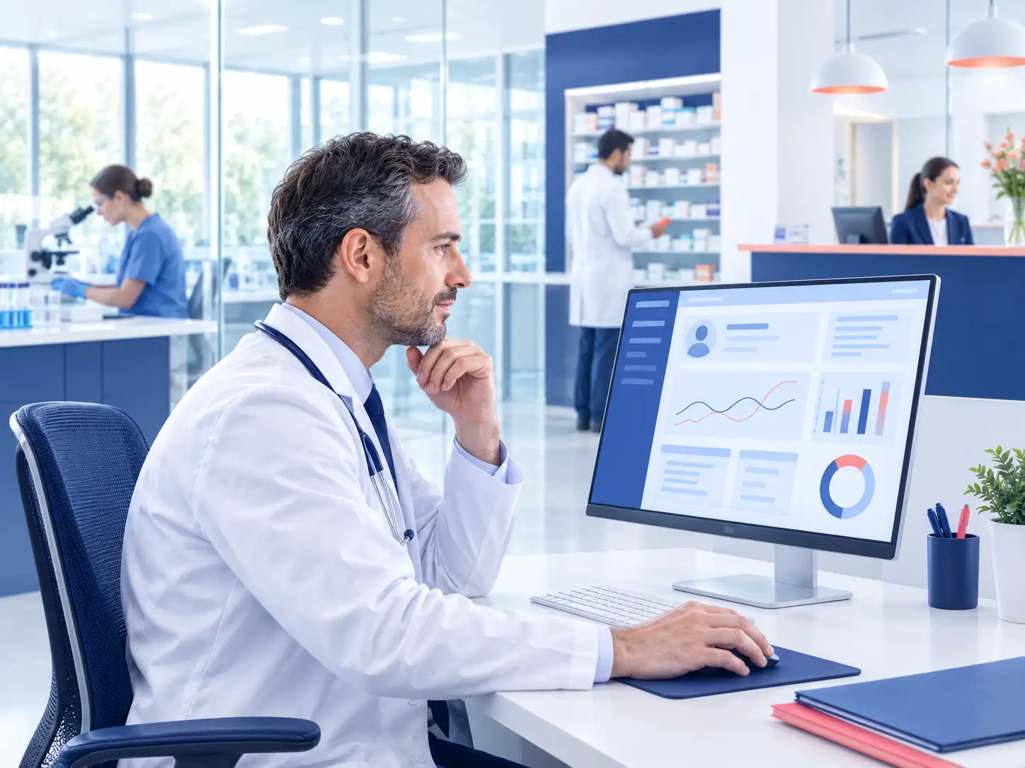 Doctor reviewing a patient record on an EMR workstation while lab, pharmacy and front desk staff work in connected departments behind