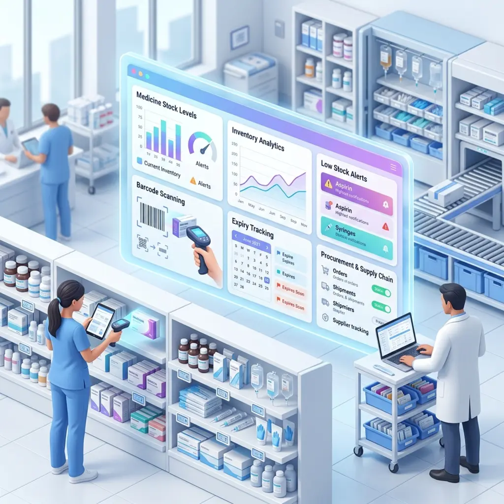 Isometric illustration of a hospital store with an inventory dashboard showing stock levels, expiry tracking and low-stock alerts