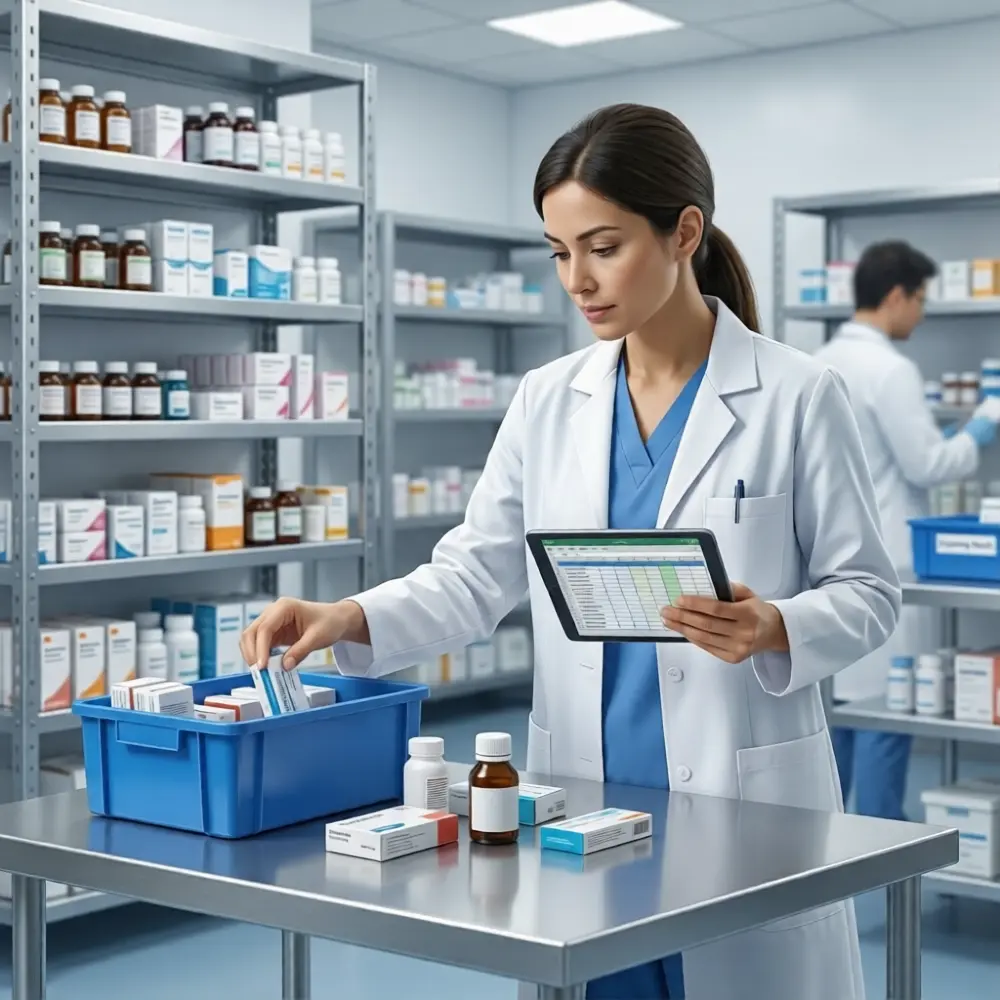 Pharmacist picking items from a hospital store bin while checking quantities on a tablet