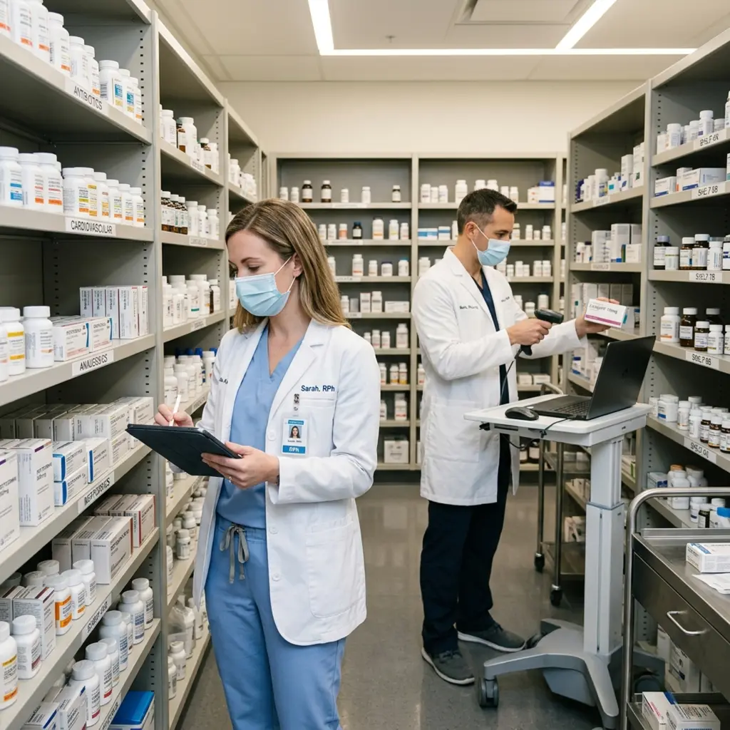 Hospital pharmacy staff barcode-scanning medicine stock and checking shelves on a tablet