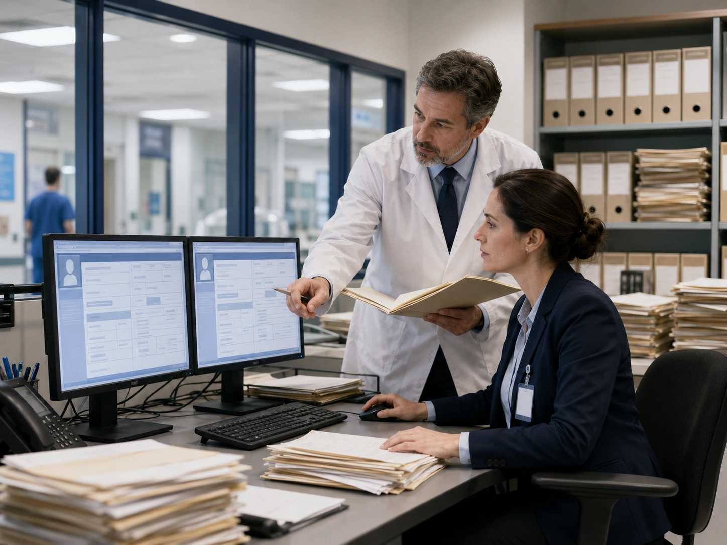 Hospital records staff comparing duplicate patient records on screen against paper patient files