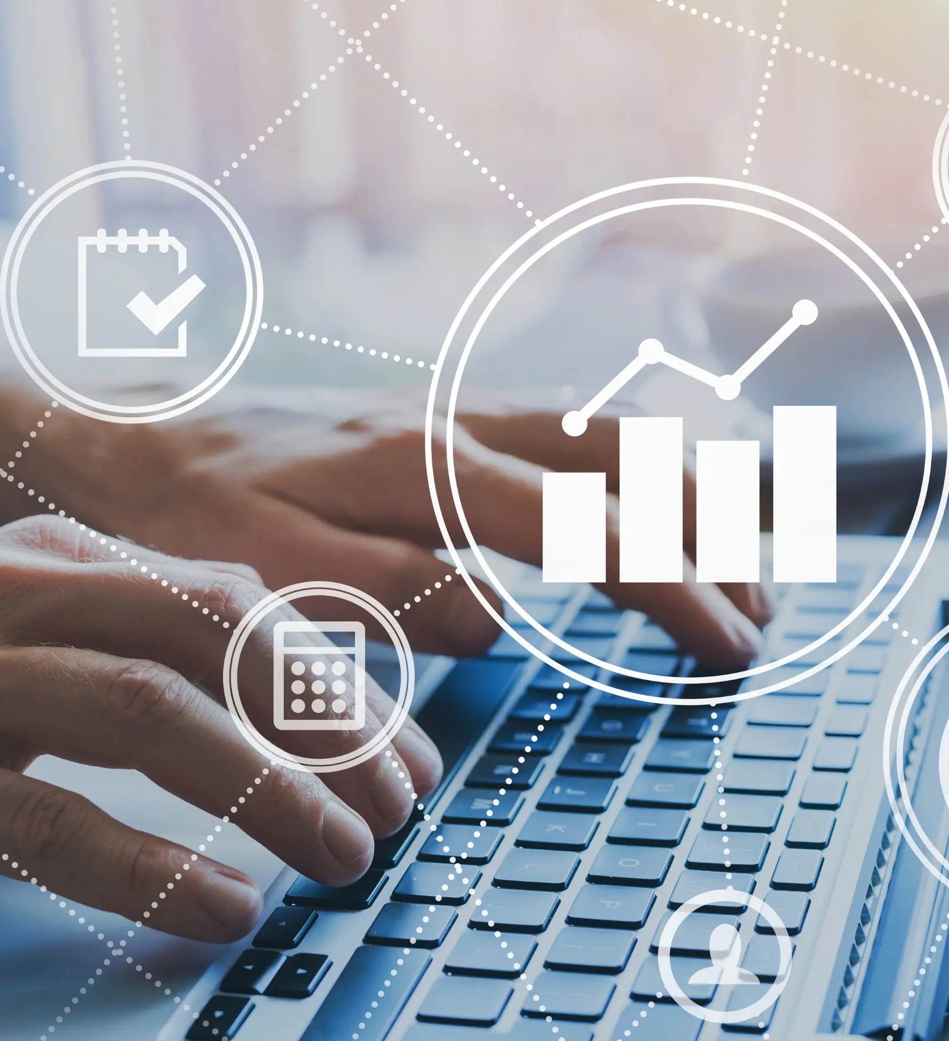 Hands typing on a laptop overlaid with analytics, checklist and calculator icons