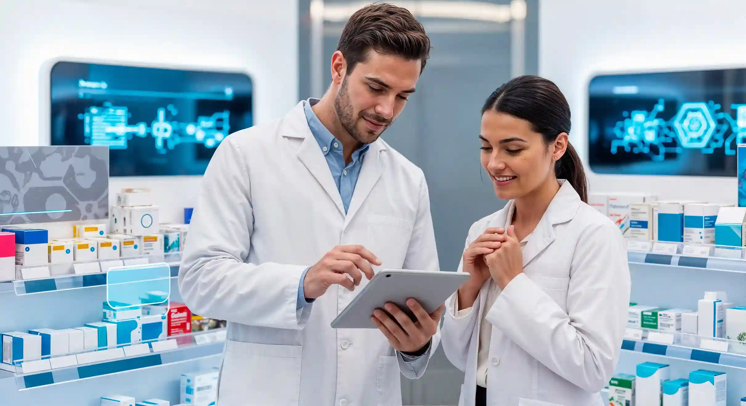 Two hospital pharmacists reviewing dispensing information on a tablet beside stocked medicine shelves