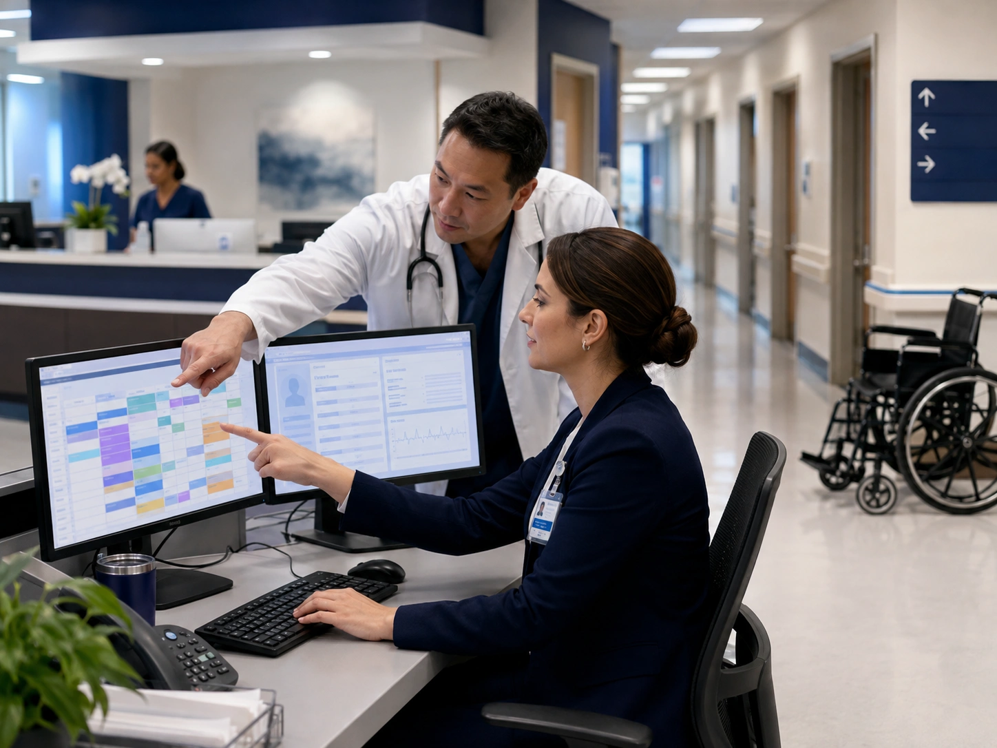Hospital administrator and doctor reviewing teleconsultation schedules and patient records at a front-office workstation