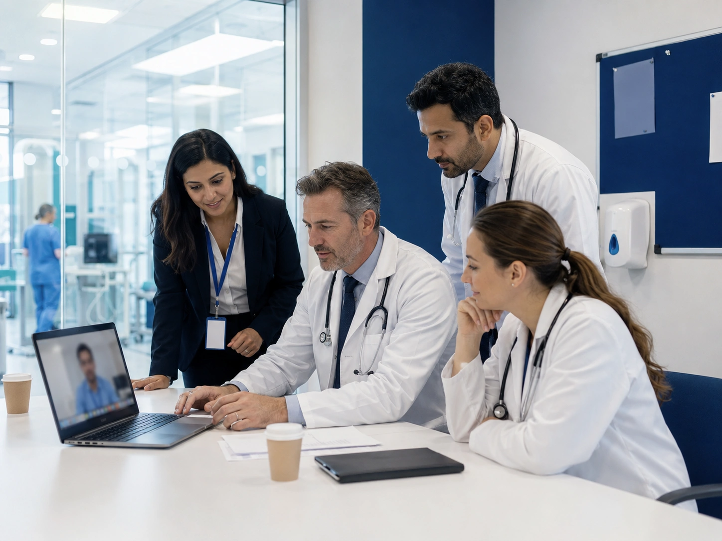 Hospital consultants trying a test video consultation on a laptop during teleconsultation onboarding
