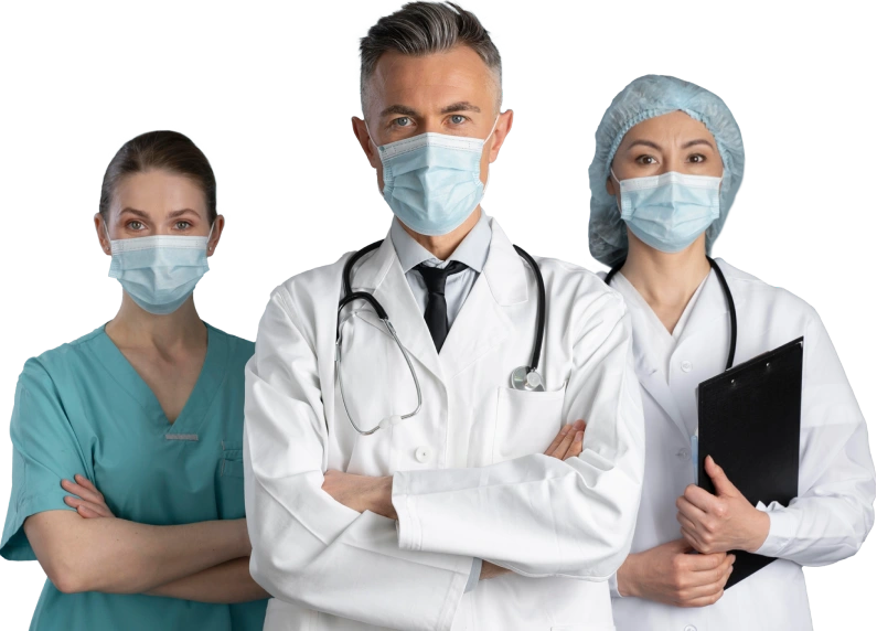 Three medical professionals standing together, one holding a clipboard